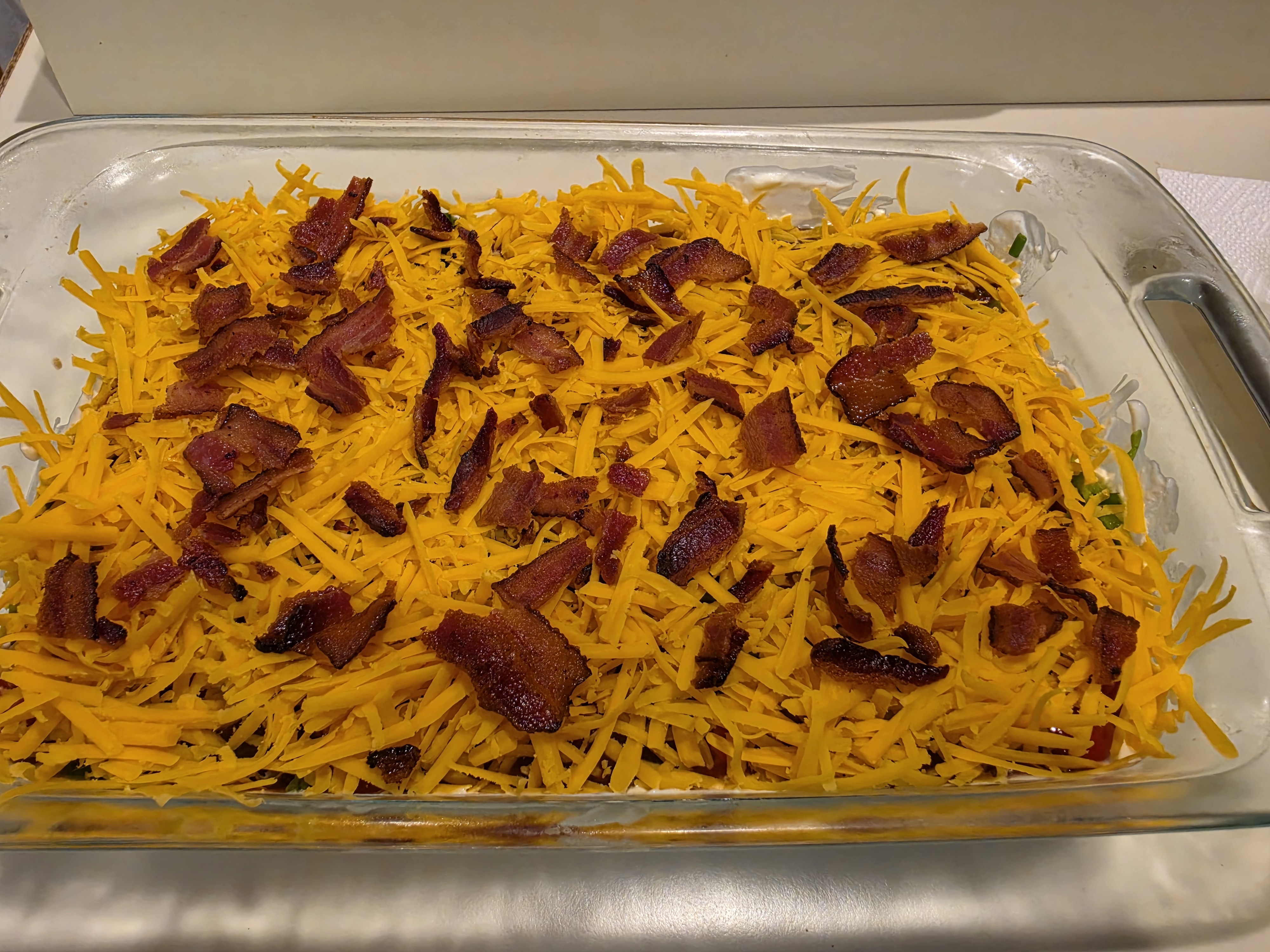 Cheddar Bacon Dip in a 9x13 glass pan